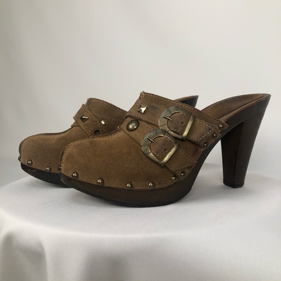 B2 mule high heels. Wood and Suede. Used, but in good condition. Size 8, brown. - Picture 2 of 10